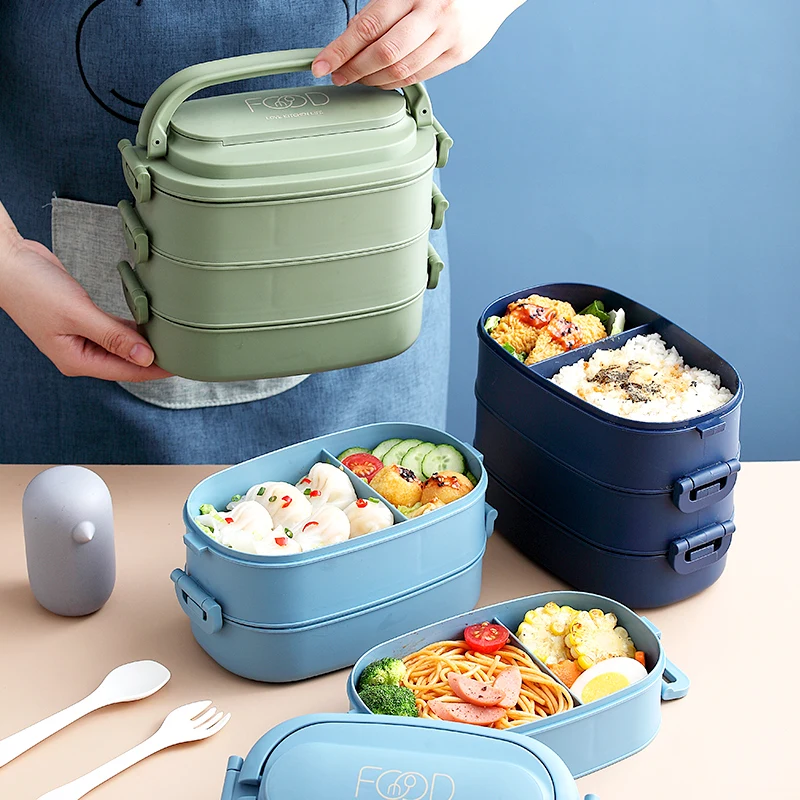

3 Layer Lunch Bento Box 3 Layer School Tiffin Plastic Lunch Box Bag Eco Friendly Lunch Box, Mint green/navy blue/light blue