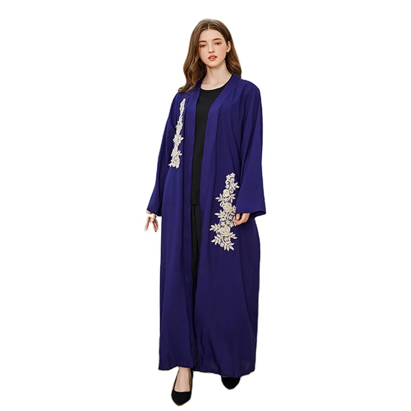 

Front open muslim woman dress abaya long seelve lace cardigan islamic clothing