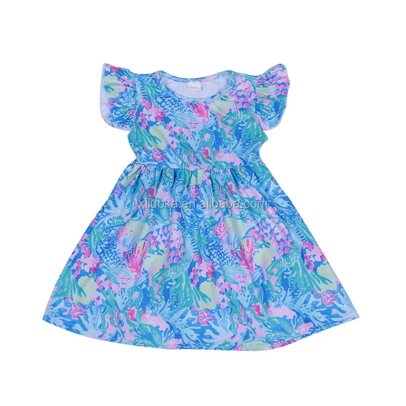 

New Arrival Toddler Clothings Summer Baby Girls Dress Blue Floral Printed Children Short Sleeve Dresses, Picture