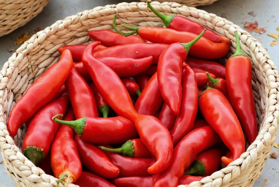 Anaheim chili peppers on a wooden table