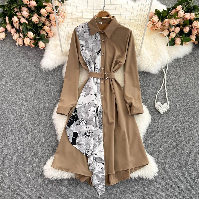 

Women New Trendy Solid Color Asymmetry Decoration Long Sleeve Sash Tied Casual T Shirt Summer Dresses