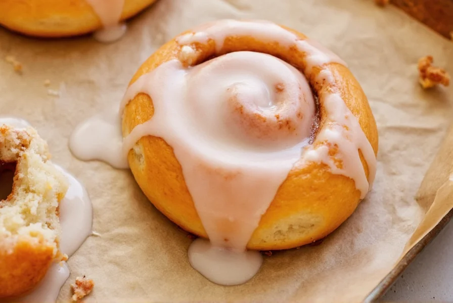 Close-up of perfect cinnamon bun glaze drizzling over freshly baked cinnamon rolls with visible texture and shine