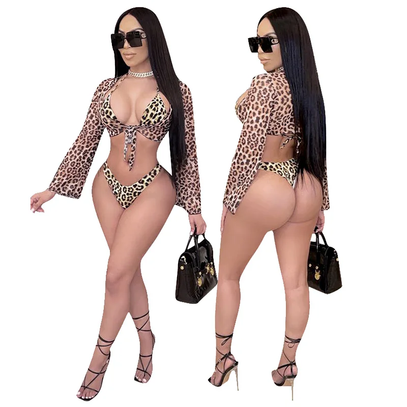 

New Arrival Summer Sexy Beachwear Bikini High Waist Long Sleeves Leopard 2 Piece Thong Women Swimwear Bikini, Picture showed