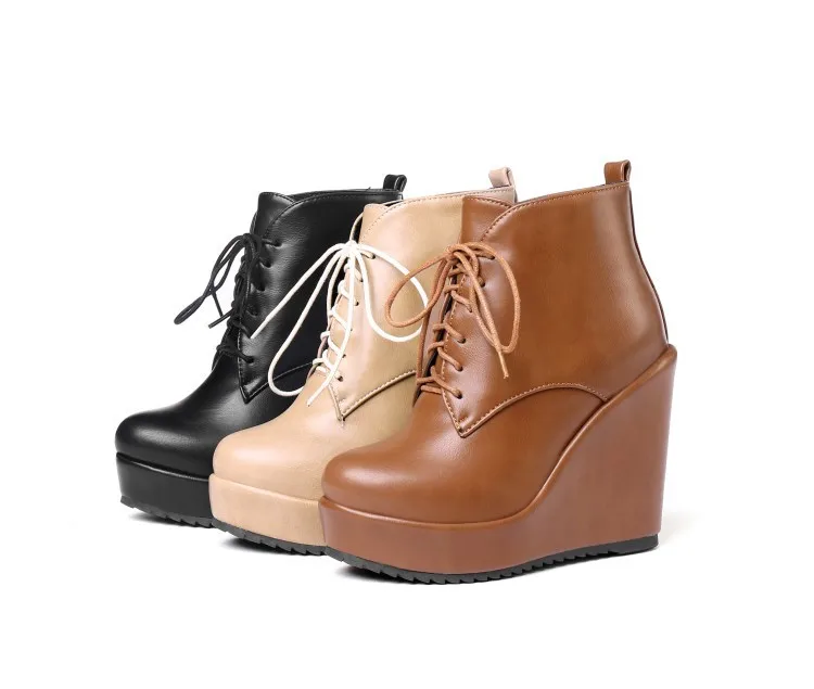 

New Autumn And Winter Simple Lace-up Wedge Boots For Women, Yellow, black, beige