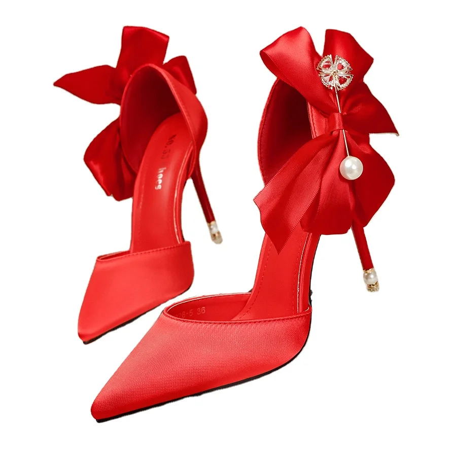 

2021 fashion sexy pointed satin bowknot thin heels pearl high heel sandals for women, Black/red/grey/pale golden