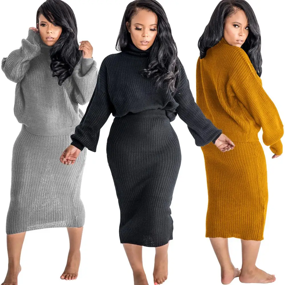 

Full sleeve turtleneck top solid color midi skirts 2 piece set ladies sweater dress, Black/burgundy/gray/champagne