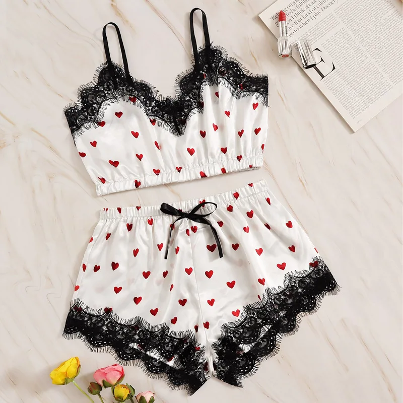 

Hot Sale Cut Lace Trim Sleepwear Heart Print Nightwear Cute Ladies Silk Satin Chemise Crop Cami Shorts Set Cozy Satin Pajamas, Multi colors