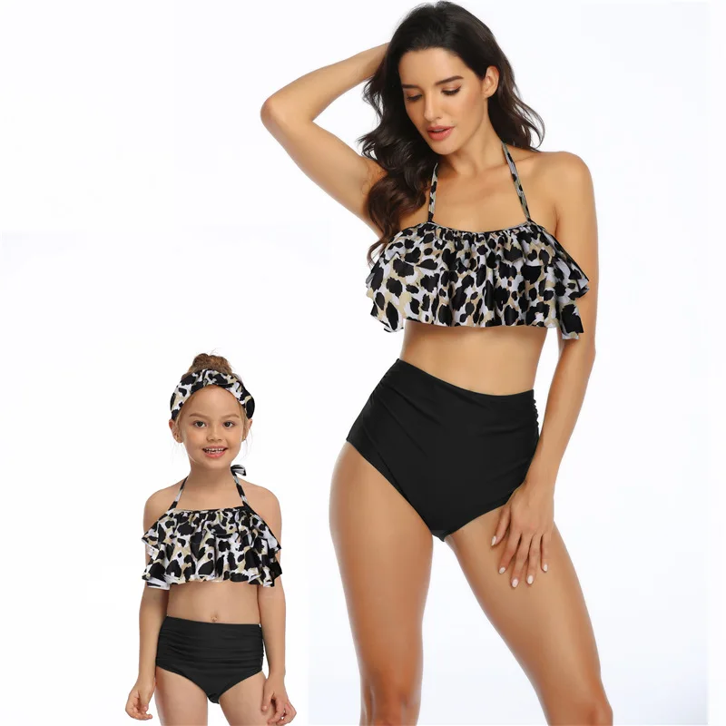 

Hot Selling Fashion Swimsuit Printed High Waist Bikini Ruffled Mother and Daughter Swimwear Adult Women And Girls Swimming Wear, Picture show