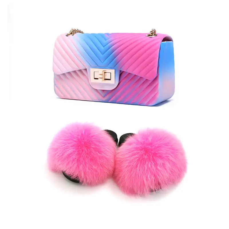 

New Arrival Little Girls Fur Sandal Slippers Shoes PVC Jelly bags Set Furry Kids Fur Slides And Purses, Pink colorful or oem