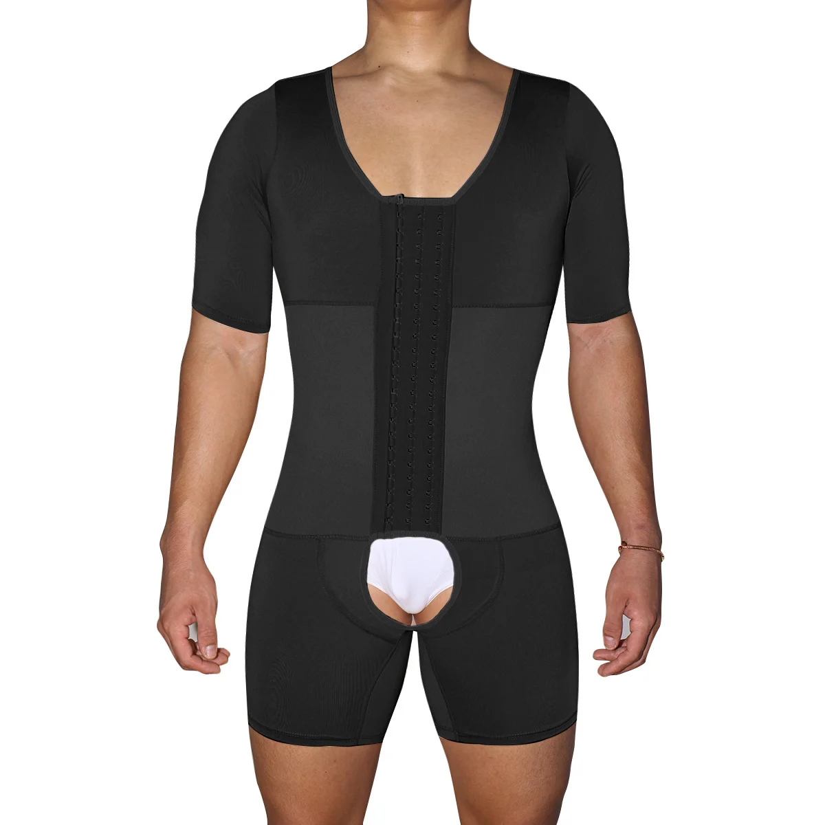 

Weight Loss Three Row Hooks Men's Waist High Compression Body Shaper With Sleeve, Black,nude