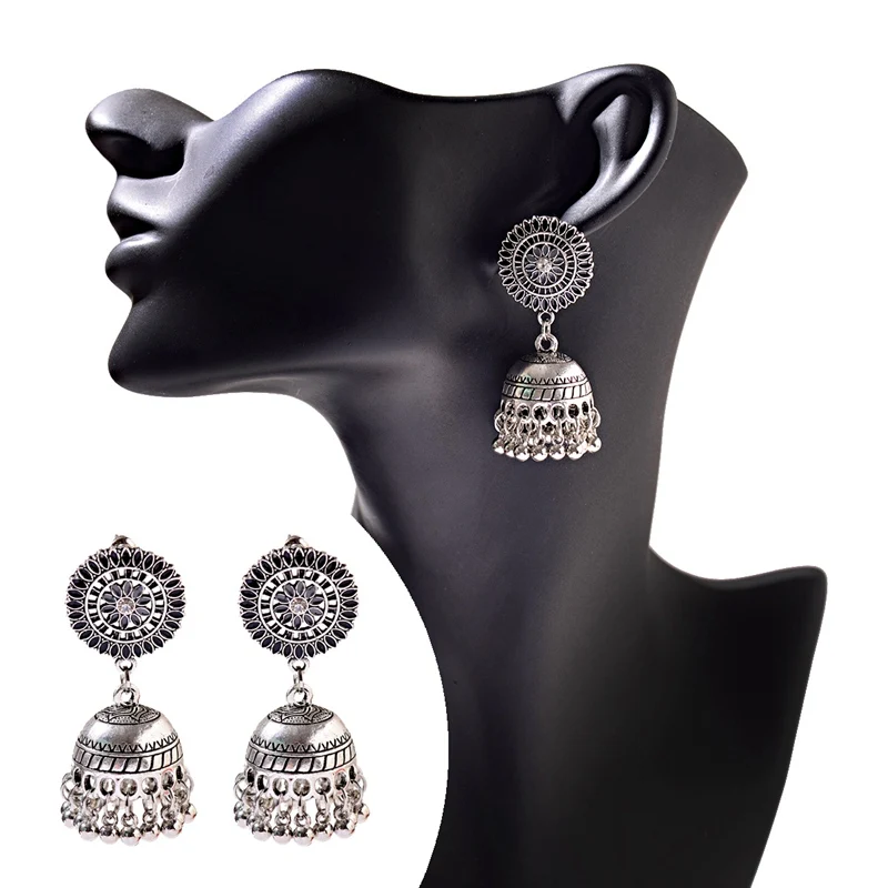 

Ethnic Hollow Flower Turkish Jhumka Earrings For Women Vintage Indian Jewelry Silver Color Bell Tassel Dangling Earrings, Colorful