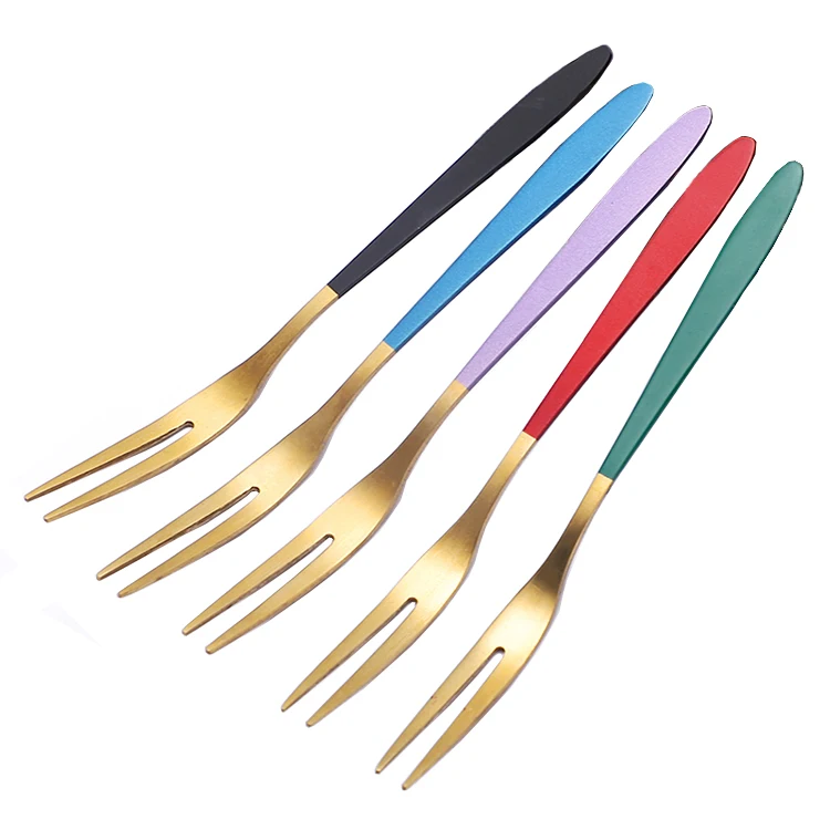 

Colorful Handle Stainless Steel Dessert Fork Mirror Polish Golden Fruit Salad Fork