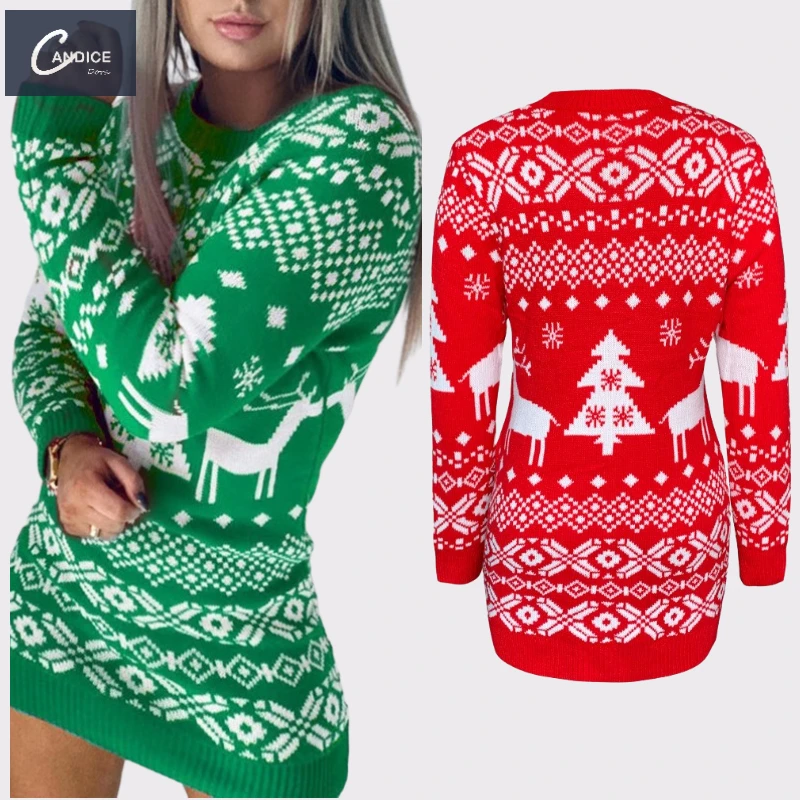 

Candice new year long sleeve sexy mini snowflake printed winter ugly Christmas sweater dress