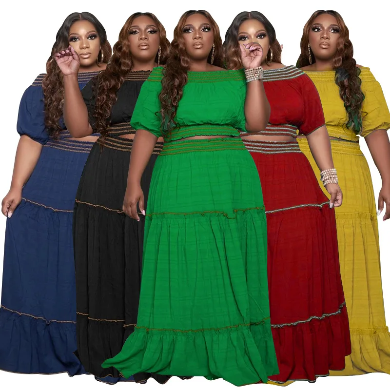 Z3049 Plus Size Women Clothing Solid Color Crop Tops Plus Size Skirt Two Piece Sets Women Maxi Skirts