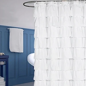 Image of China supplier white water proof polyester fabric ruffled shower curtain