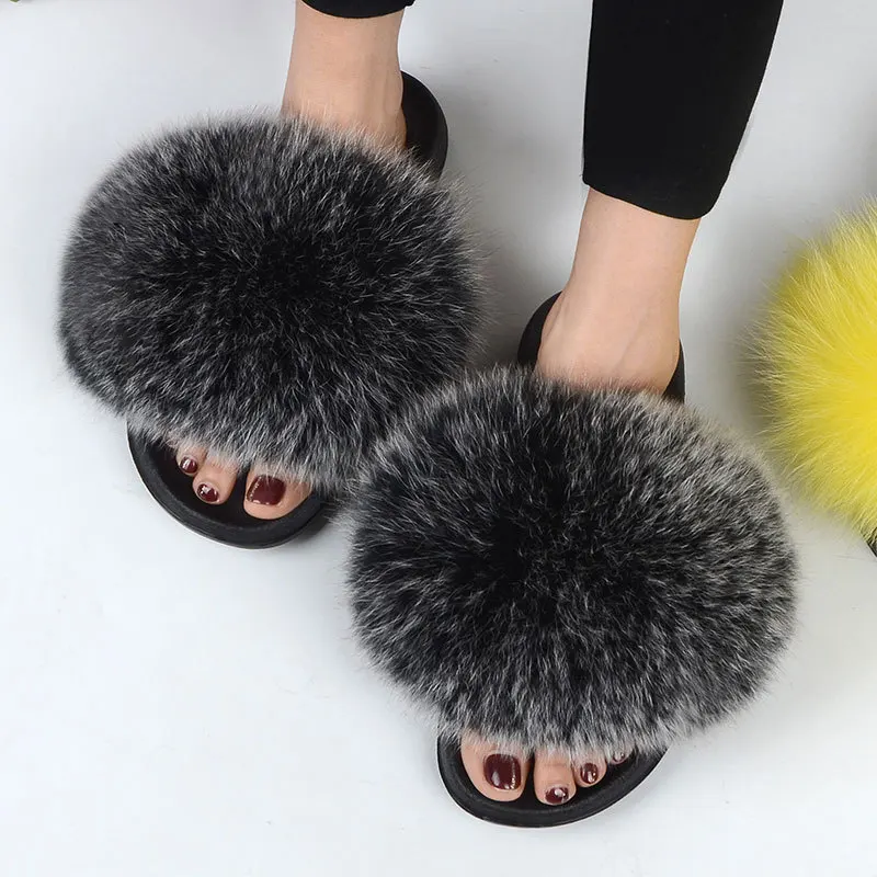 

The most fashionable of 2021 custom women fur sandals soft open toe girls fluffy fox open toe in slide slippers, Customized color