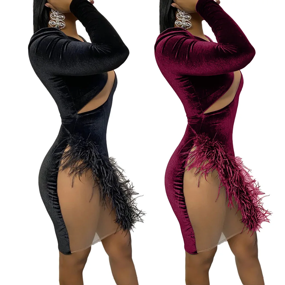 

Women's nightclub clothes solid color sexy feather mesh stitching irregular dress, Picture