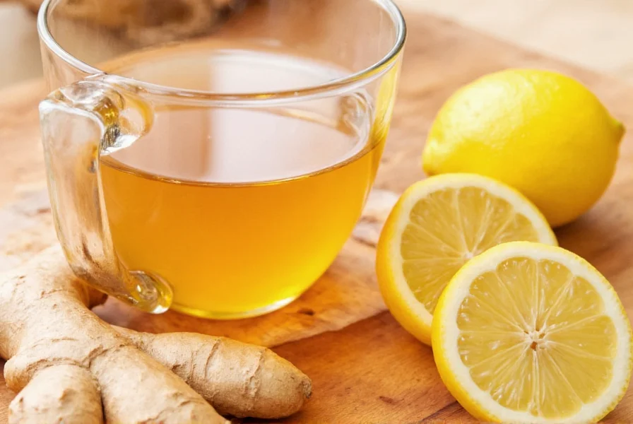 Fresh ginger root slices steeping in clear teapot with lemon slices and honey jar beside