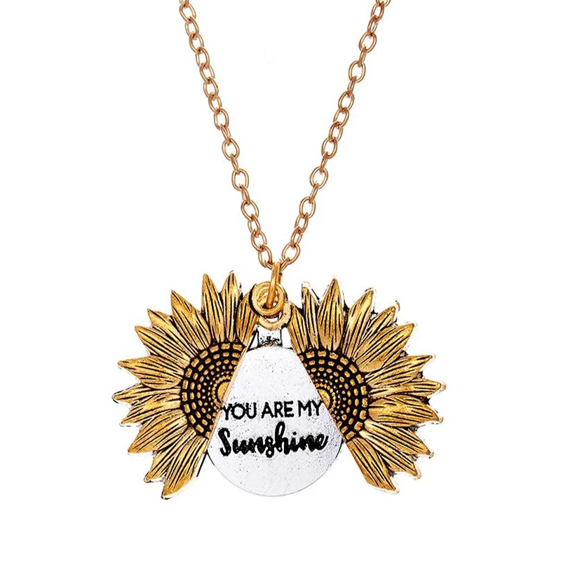 drop shipping Women Gold Necklace Custom You are my sunshine keep going Open Locket Sunflower Pendant Necklace