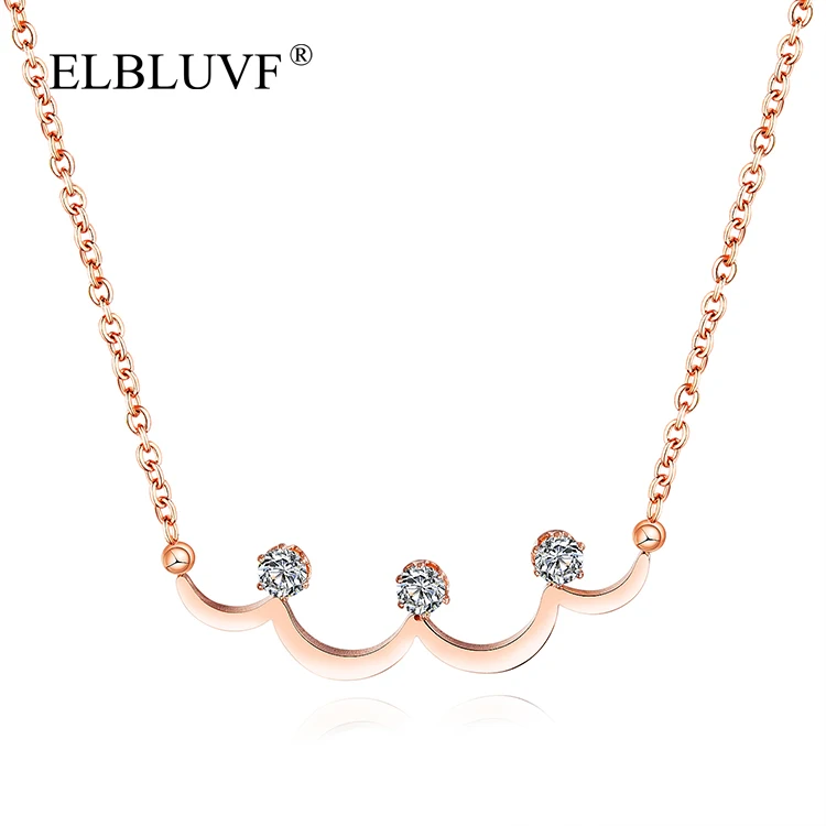 

ELBLUVF 2019 Hot Sell Stainless Steel Rose Gold Plated Zircon Water Wave Pendant Necklace For Women