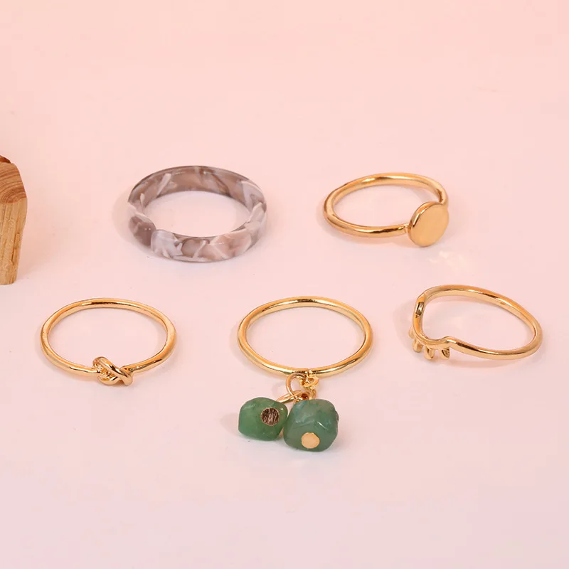 

Niche Design Gold Plated Natural Emerald Jade Gemstone Ring Set Japanese Style Acrylic Resin Mix Color Golden Leaf Paved Ring