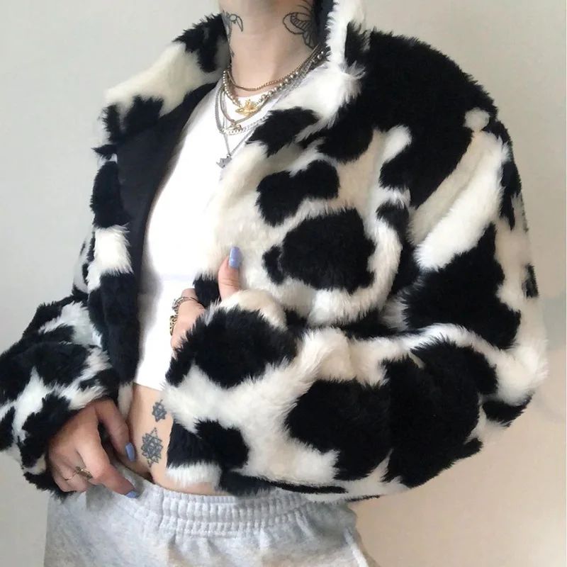 

Winter New Fashion Warm Wave Point Plush Crop Top Hoodies Long Sleeve Oversized Zipper Women Faux Fur Coat, 1 colors