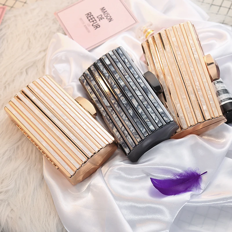 

Retro Metal Stripes Acrylic Party Bags Women Wedding Bridal Messenger Clutch luxury Evening Purse hand bags