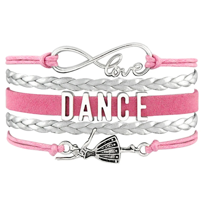 

Factory Infinity Love Dance Mom Ballet Dancer Dancing Girls Dance Leather Bracelets for Women, Silver plated