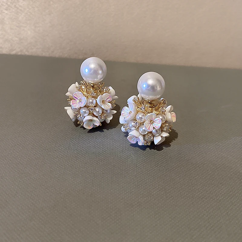 

new design double pearl stud flower ball earring