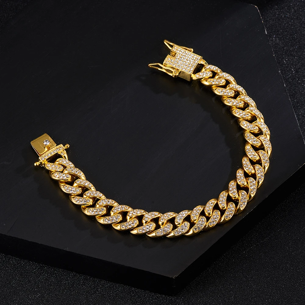 

Iced Out Paved Rhinestones String Bracelet Hip Hop Miami Cuban Link bracelet 13MM Gold CZ Bling Bracelet&bangle Men Jewelry, Silver / gold color