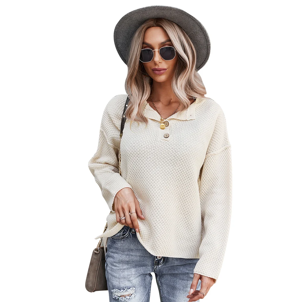 

2021 New Fashion Spring Autumn Women Girls Walf Checks Button V-neck Solid Color Casual Knit Blouse Tops Long Sleeve Sweater