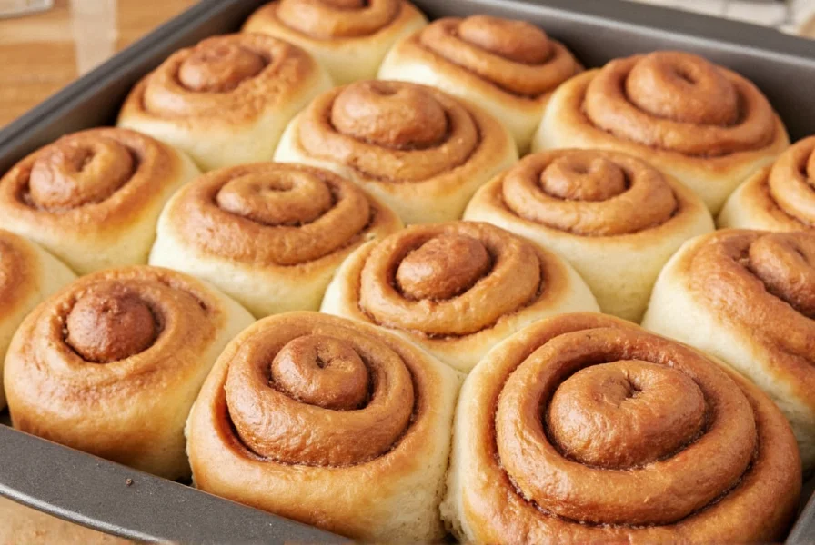 Perfectly baked homemade cinnamon buns with golden crust and visible spiral layers on parchment paper