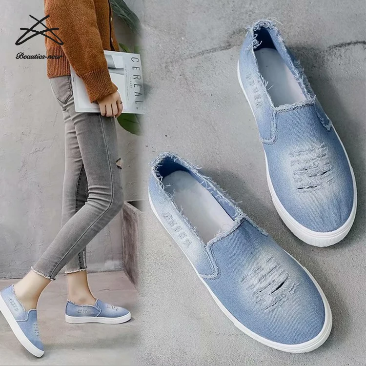 

Women fashion casual shoes classic jeans slip on blue rag canvas flat walking sneaker hole loafer ladies shoes