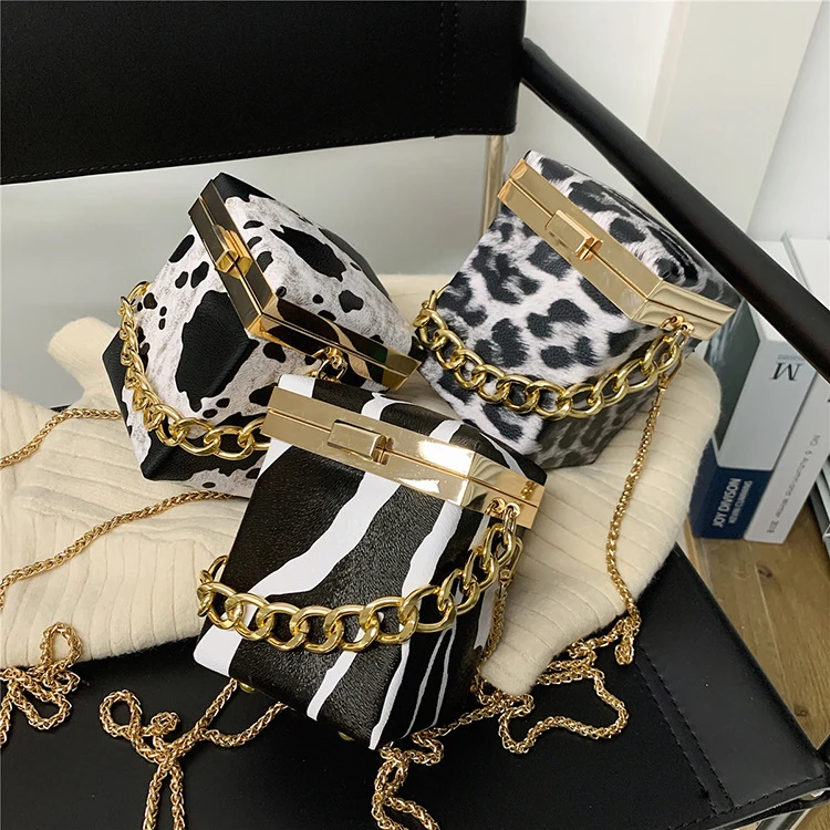 

Leopard Zebra Cow Pattern Leather Chain Luxury Box Purses and Handbags for Women