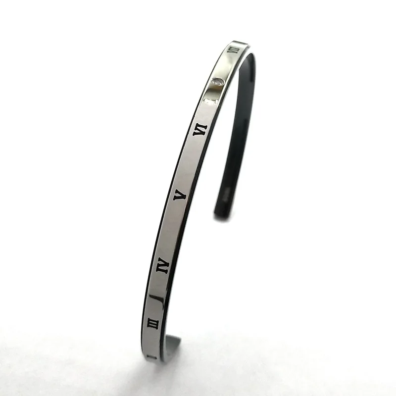 

Titanium steel high-polished and corroded Roman numerals inlaid stone bracelet C-shaped open bracelet can be customized