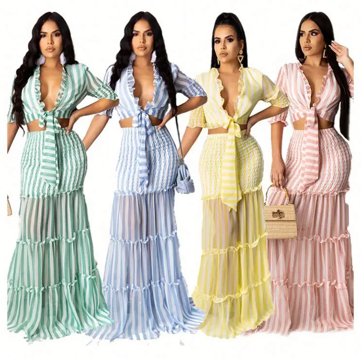 

Wholesale Fall 2021 Women Clothes Price Stripe Print Chiffon Ruffles Party Two Piece Skirt Set Maxi Fall Dresses For Women