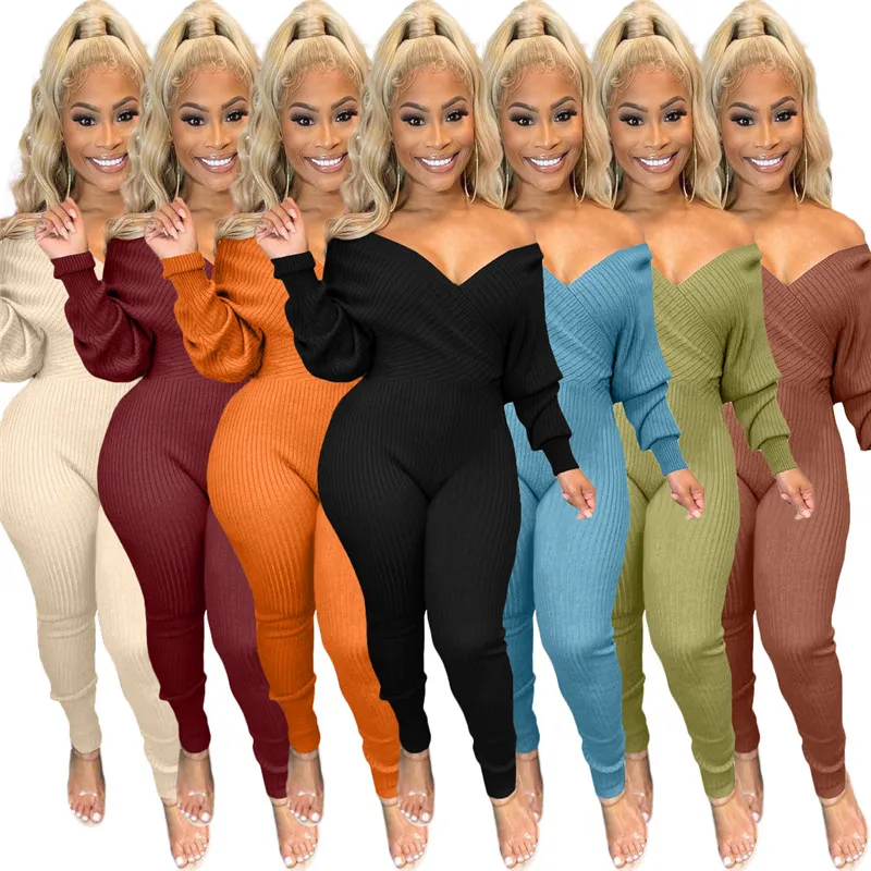 

Newest Spring Fashion Ladies Deep V-neck Off Shoulder Thread Knitted Jumpsuit Bodycon Romper Jumpsuit Women Clothing, 5 colors