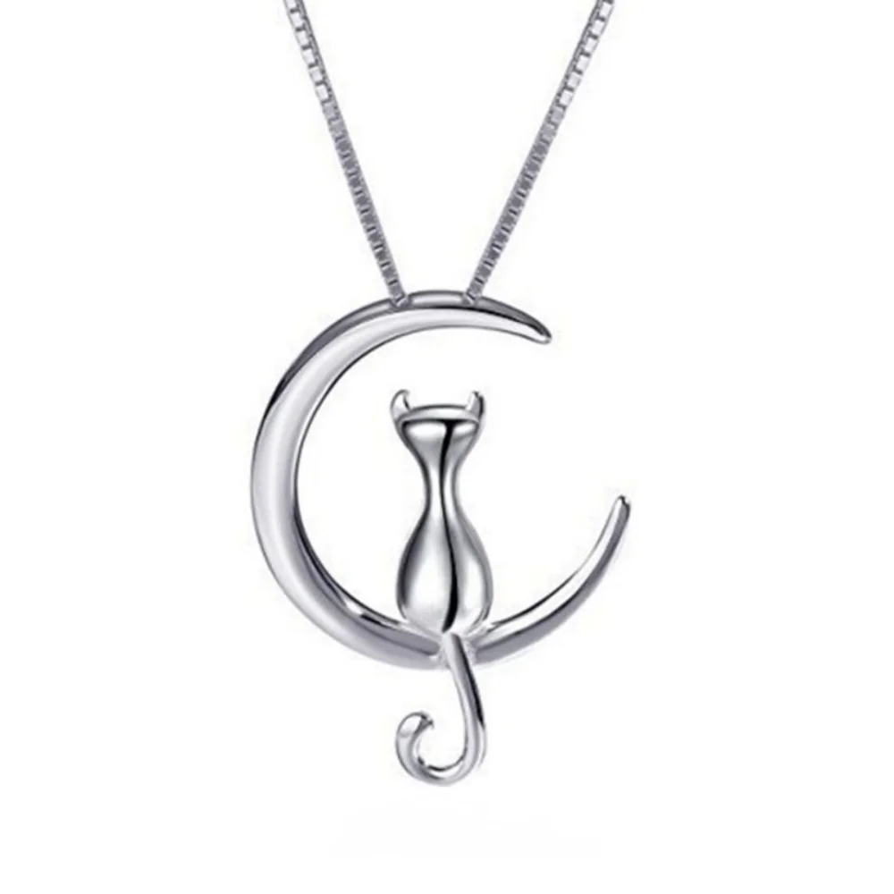 QiuHan 925 Brass Silver Necklace Moon Kitten Cat Pendant Necklaces