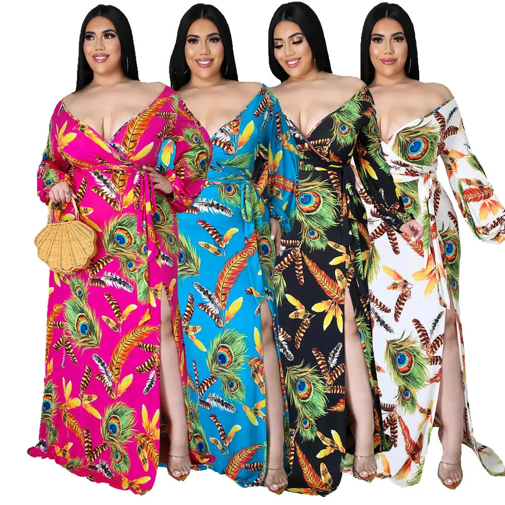 

Women's plus size long dress Bohemian chiffon floral print V-neck maxi dress