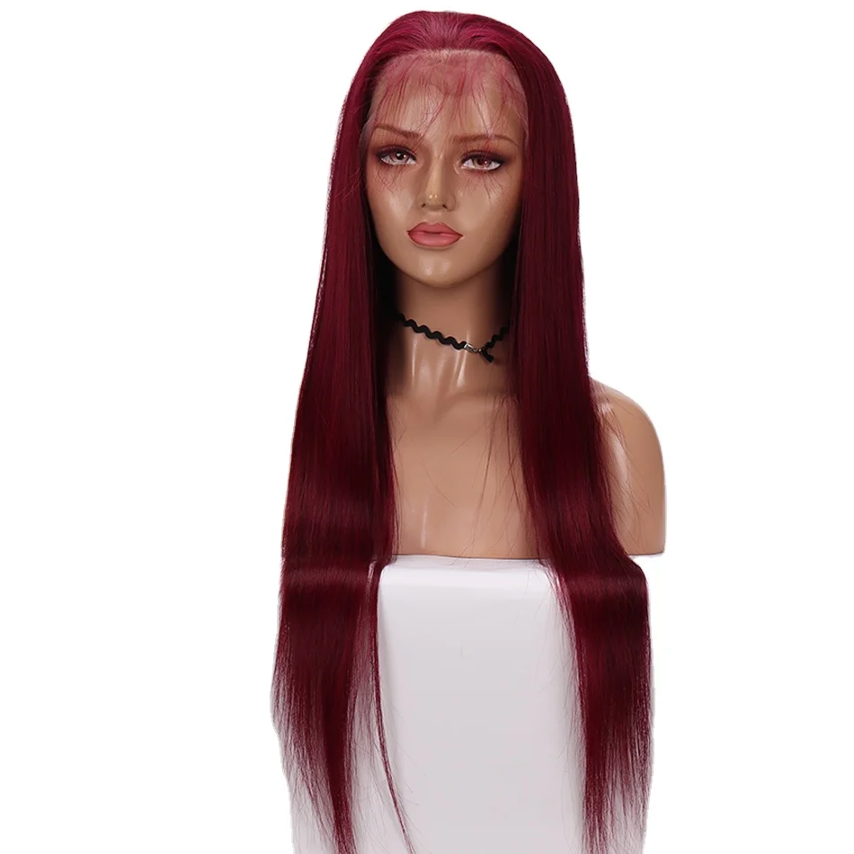

Hot Sell Brazilian Virgin Human Hair Glueless Full Density Pre Plucked 360 Lace Frontal Wig Wine Red #99j Silky Straight