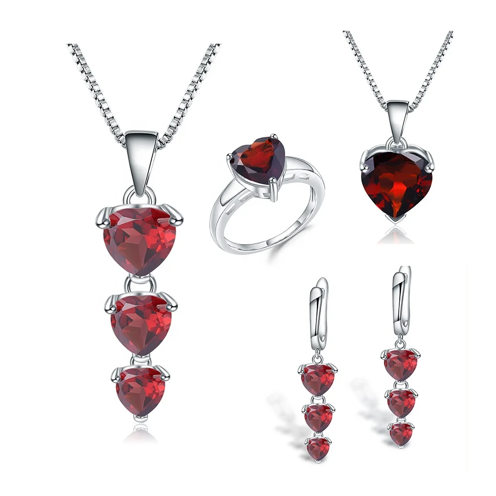

2021 Valentine Day Gift Jewelry Set 925 Silver Heart Garnet Necklace Earring Ring Set for Fashion Lady, Purple