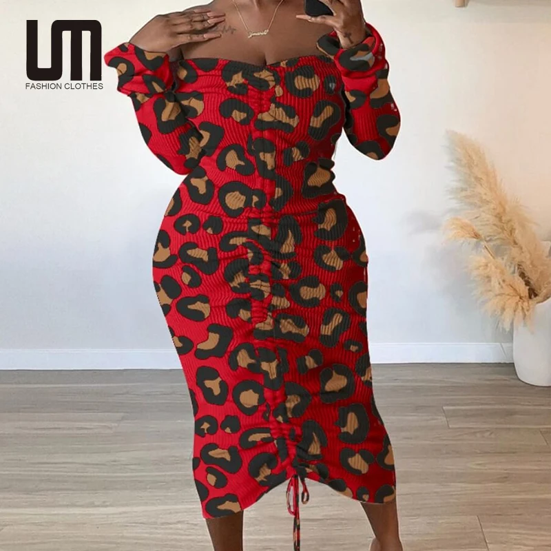 

Liu Ming Hot Selling Women Casual Long Sleeve Leopard Print Plus Size 5XL Midi Ruched Dress