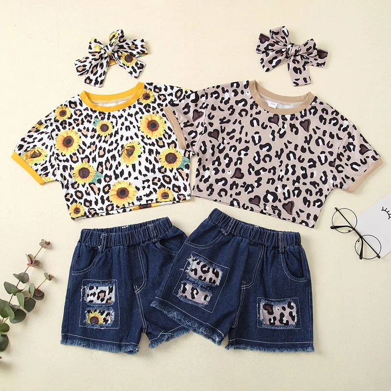 

New arrival leopard top denim shorts sets boutique kids clothing children kids girl clothes summer sets 3 pieces