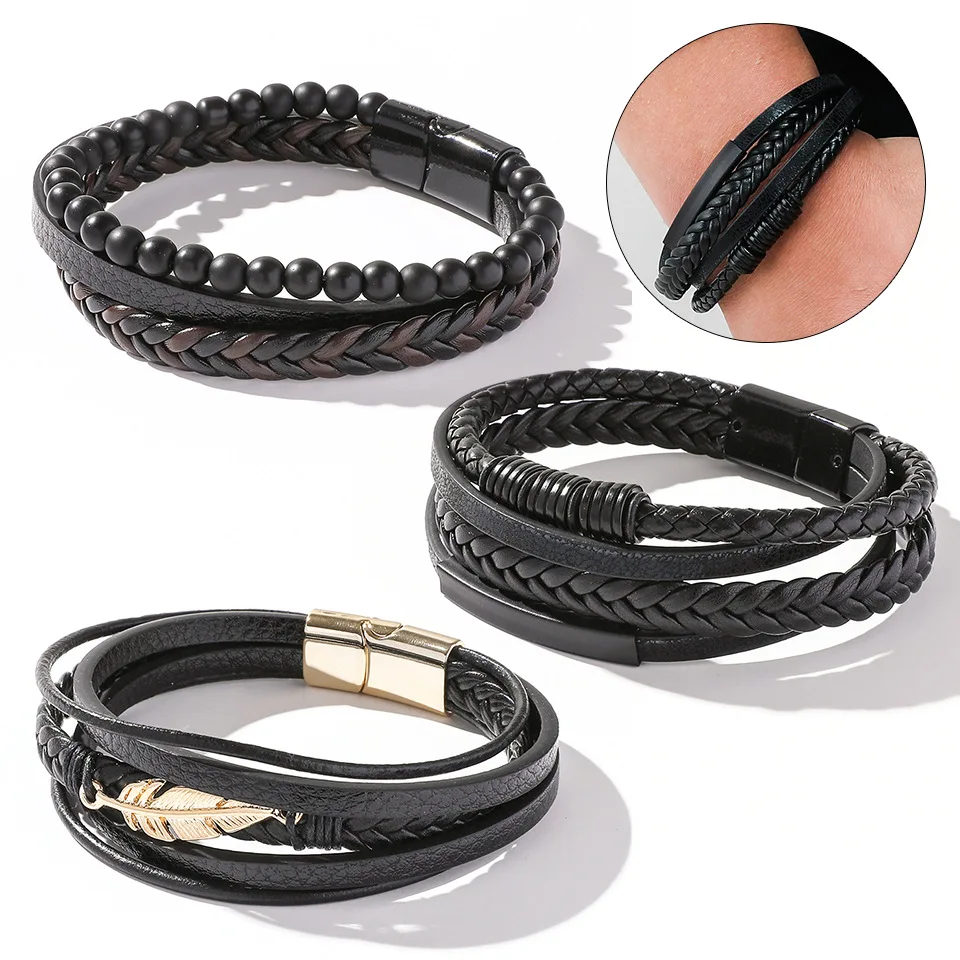 

Amazon Best Selling Natural Stone Beaded Bracelets Multi Layers Leather Bracelets Magnetic Clasp PU Bracelets For Men