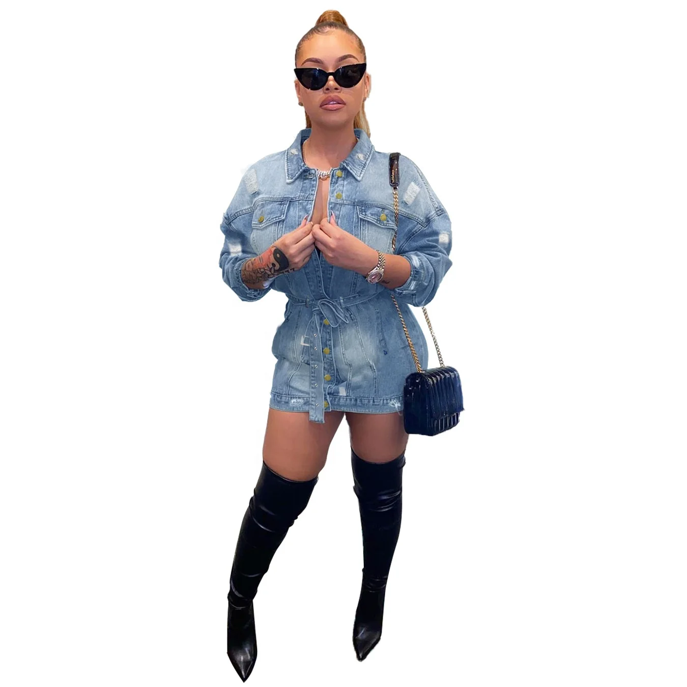 

PT7080-01 2020 Hot sale fashion casual denim ripped hole jackets jean dress light blue jeans jacket women, As picture or customized make