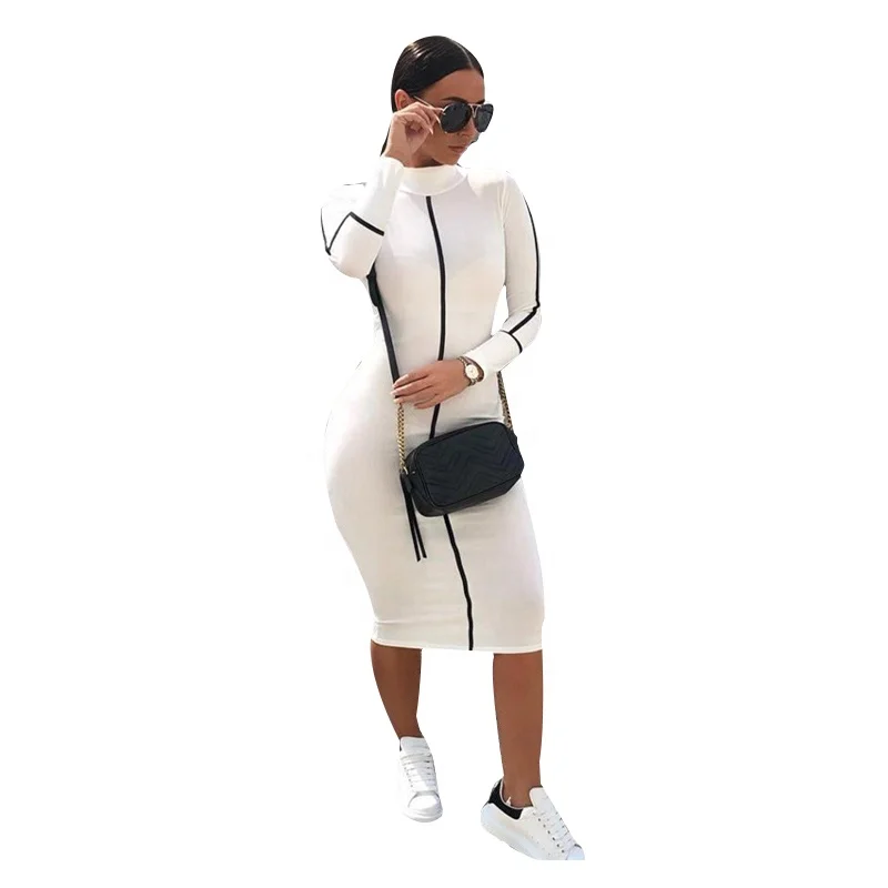 

Amzn AE fb eb tiktok oem Fitted Contrast Color Long Sleeve Bodycon Dress, White,black,brown