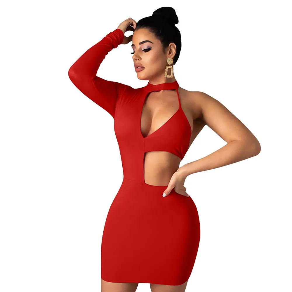 

TOB women night club clothes One shoulder long sleeve irregular Mini Dress, Solid