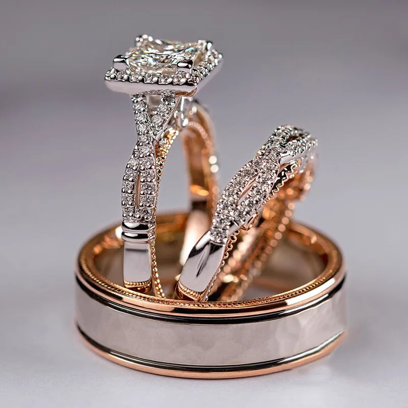 

Luxury 3pcs Rose Gold Plated Diamond Twist Engagement Ring Square Zircon Wedding Ring Set