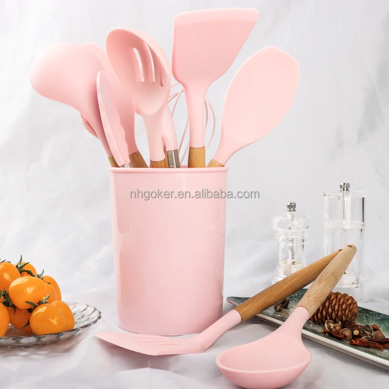 

Hot Selling Kitchen Accessories Silicone kitchen utensil Tools Set With Wood Handle, Pink