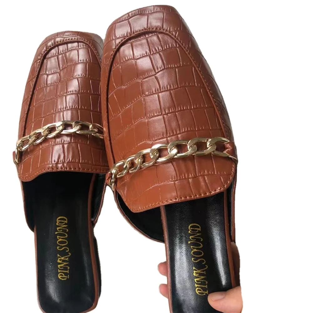 

2021 womens leather flats European and American flat heel candy color sandal gold chain half pack slipper muller shoes, 3 colors as picture